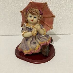 Vintage Girl with Umbrella Figurine Purple Dress Brown Boots Bows Sitting